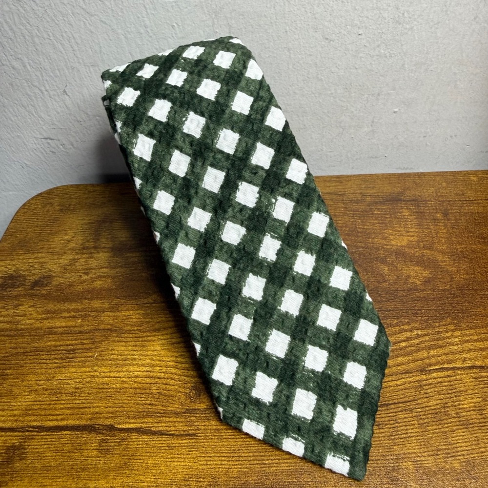 J.Crew Mens Green White Gingham Cotton Seersucker Necktie Tie